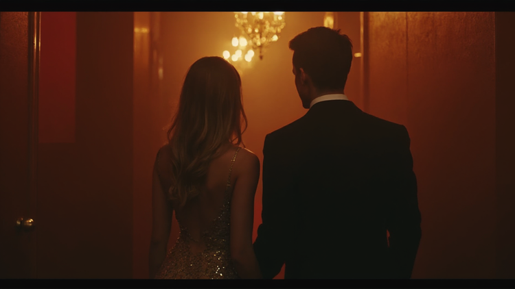 A confident couple enters a softly lit private event, symbolizing curiosity and anticipation.