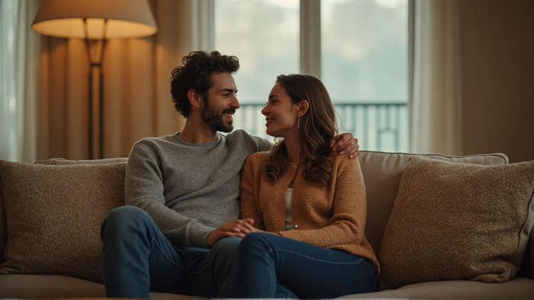 Couple having an honest heart-to-heart conversation about their relationship in a cozy modern home.