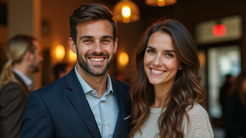 Smiling couple arriving at a lifestyle event.