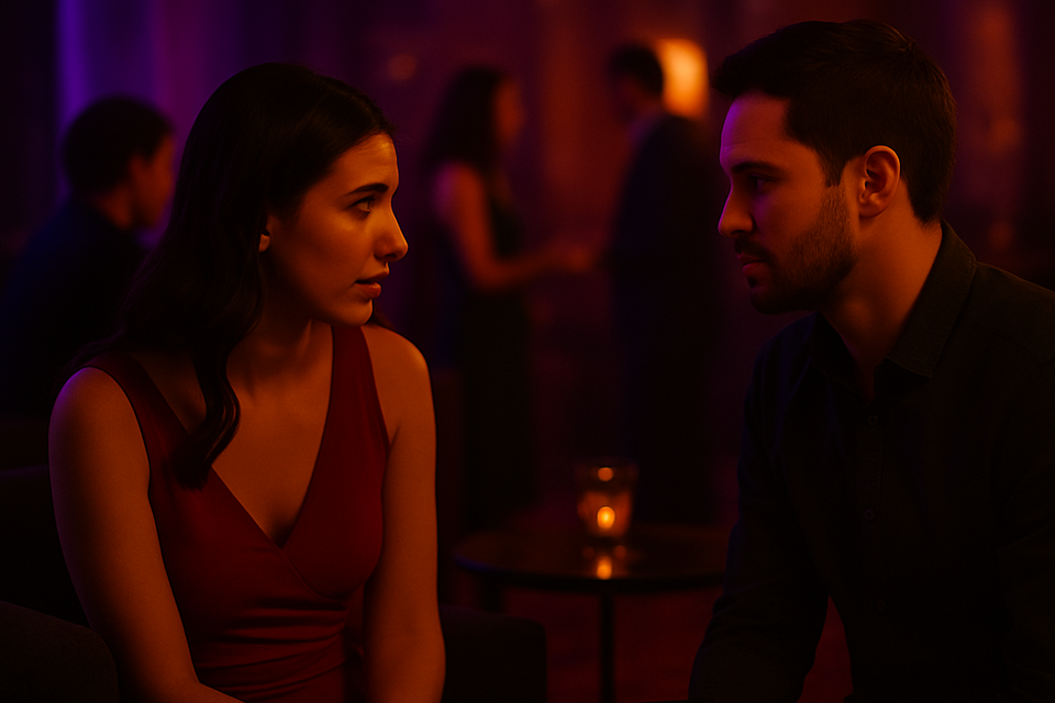 A couple sitting closely together in a softly lit lounge, engaged in calm conversation surrounded by warm purple and amber tones.