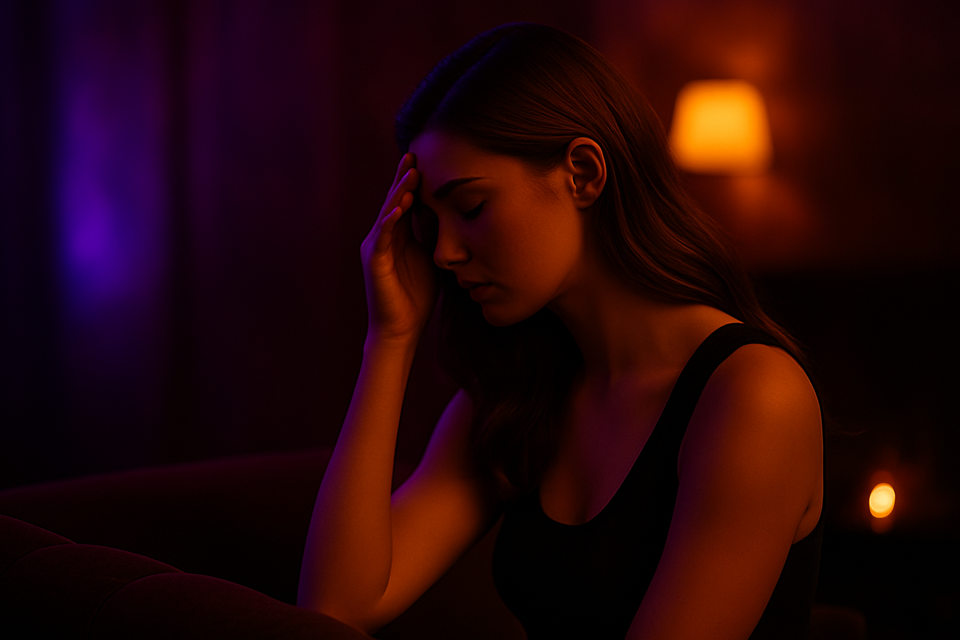 A woman sitting on a couch in warm, moody light with soft purple and amber tones, resting her hand on her temple in thoughtful reflection.